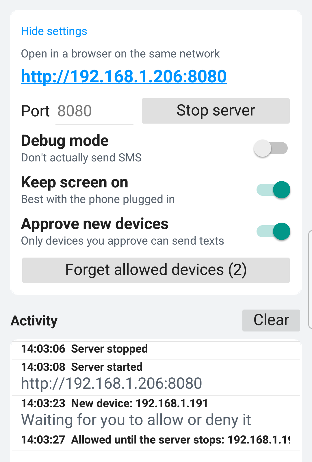 The HTTP 2 Phone app, showing the address to open and the activity log.